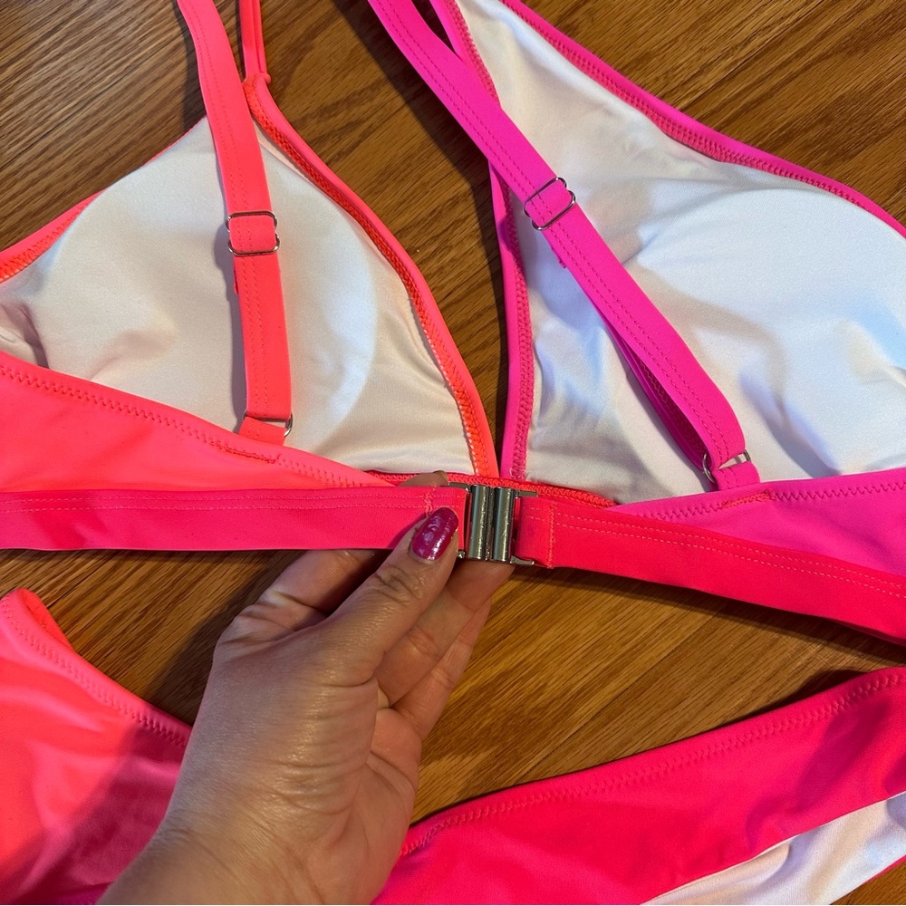 NWOT Neon Pink Orange Split One Shoulder Bikini Set size L - Picture 6 of 9